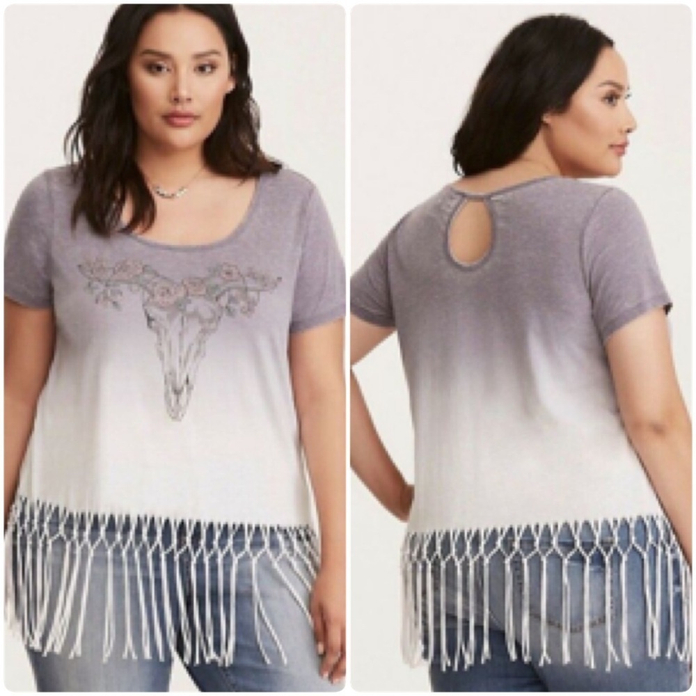 Torrid Skull Dip Dye Fringe Tee Shirt Festival Size 0/0X‎ #10821839